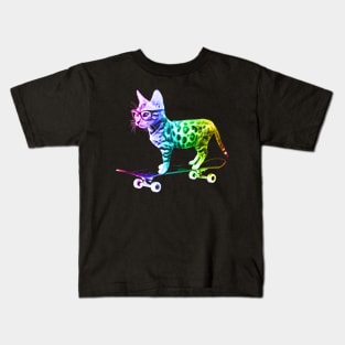 Rainbow Skateboard Cat Kids T-Shirt